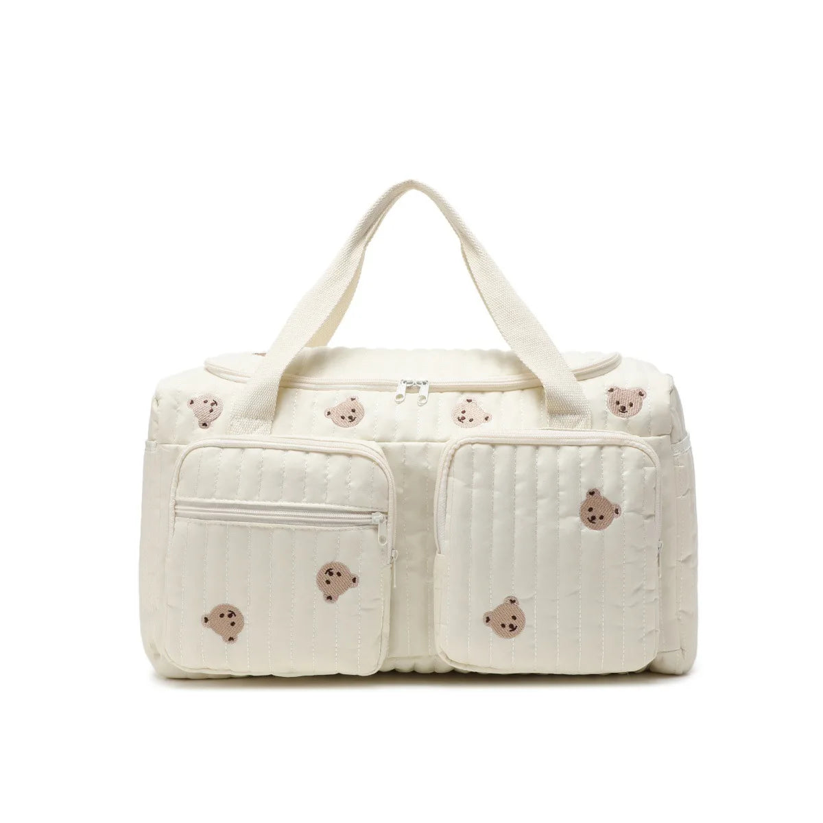 Cute Bear Embroidered Diaper Bag – Large Capacity Quilted Baby Travel Tote, Mommy Hospital Bag with Multiple Zipper Pockets