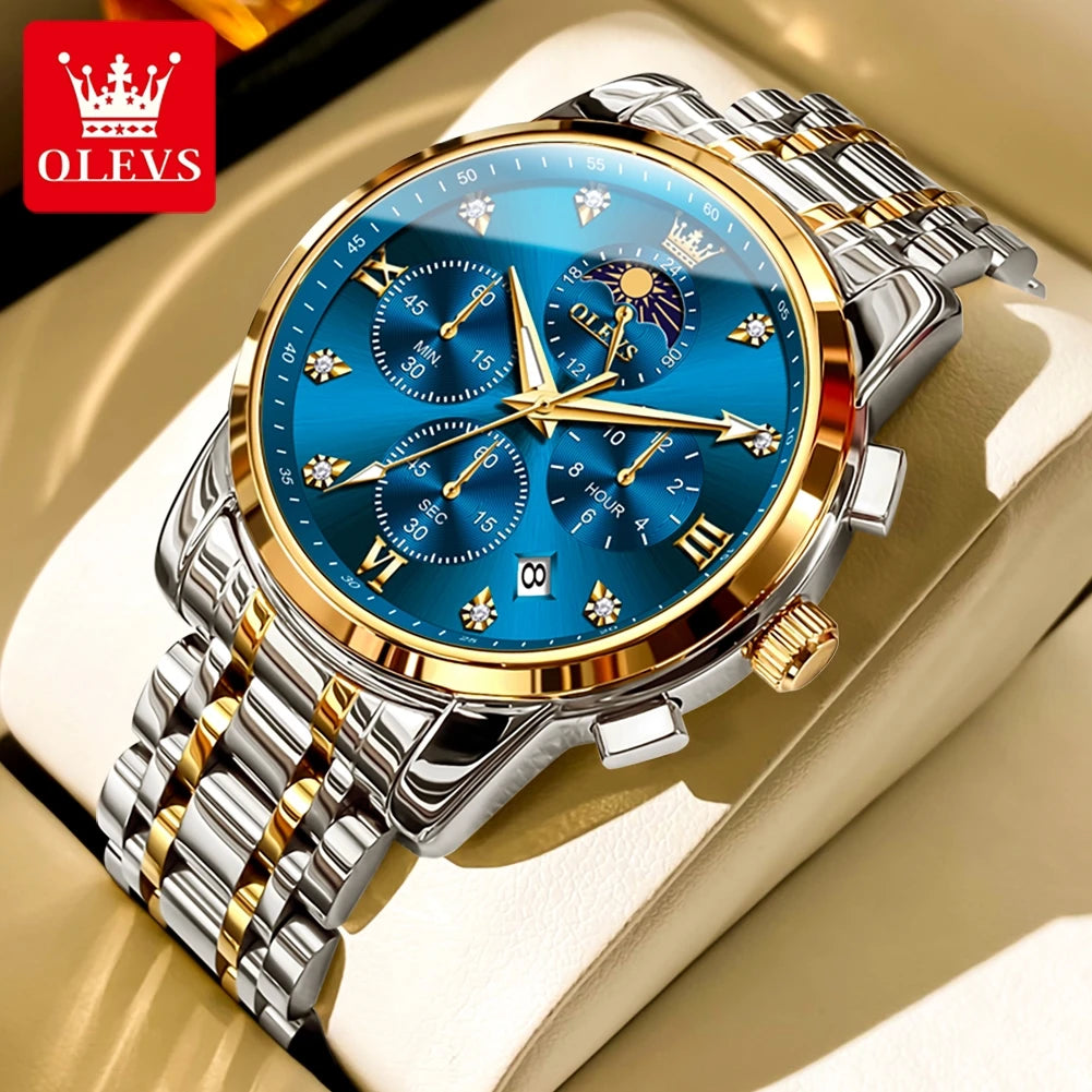 Olevs Gold Business Watch For Men with Roman Numerals Chronograph Quartz Movement and Luminous Hands