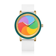 White PrismLoop rotating rainbow dial watch