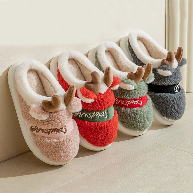 Reindeer Antler Christmas Slippers - Soft Cozy Bedroom Slipper - Slip on House Shoes