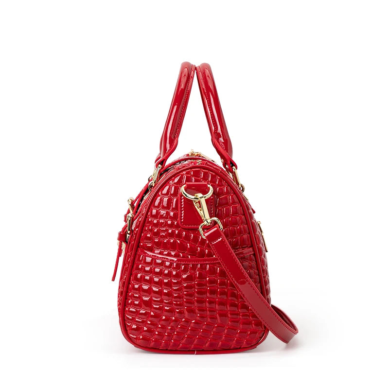 Women’s Glossy Crocodile Embossed Handbag – Structured Top Handle Satchel Purse, Gold Tone Hardware Fashion Shoulder Bag