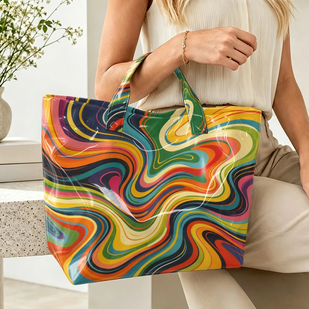 Retro Rainbow Swirl Tote Bag for Women – Psychedelic Marble Print Glossy Large Capacity Handbag with Clear Outer Layer
