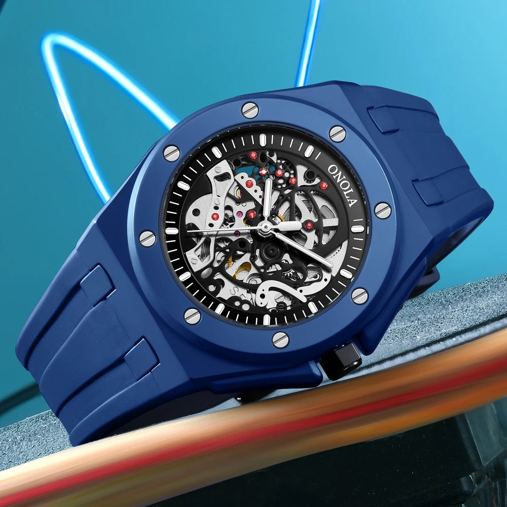 New Hollowed Out Fully Automatic Mechanical Watch for Men,  Fashion Multi-Color Silicone Tape Waterproof Watch