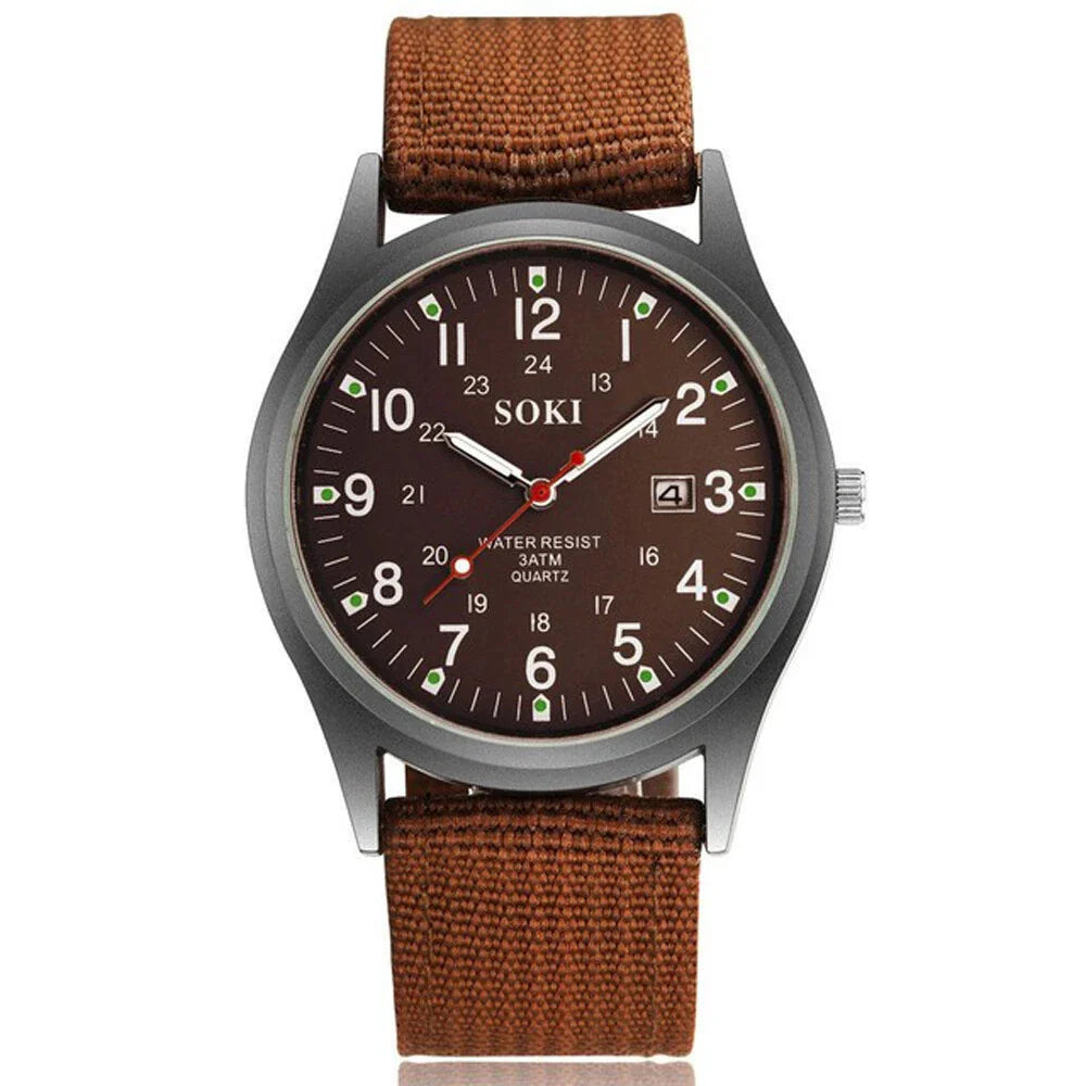 Rugged Field Watch – MilitaryInspired Quartz Watch with Date Display - 24 Hours Dial - Nylon Strap Wrist Watch