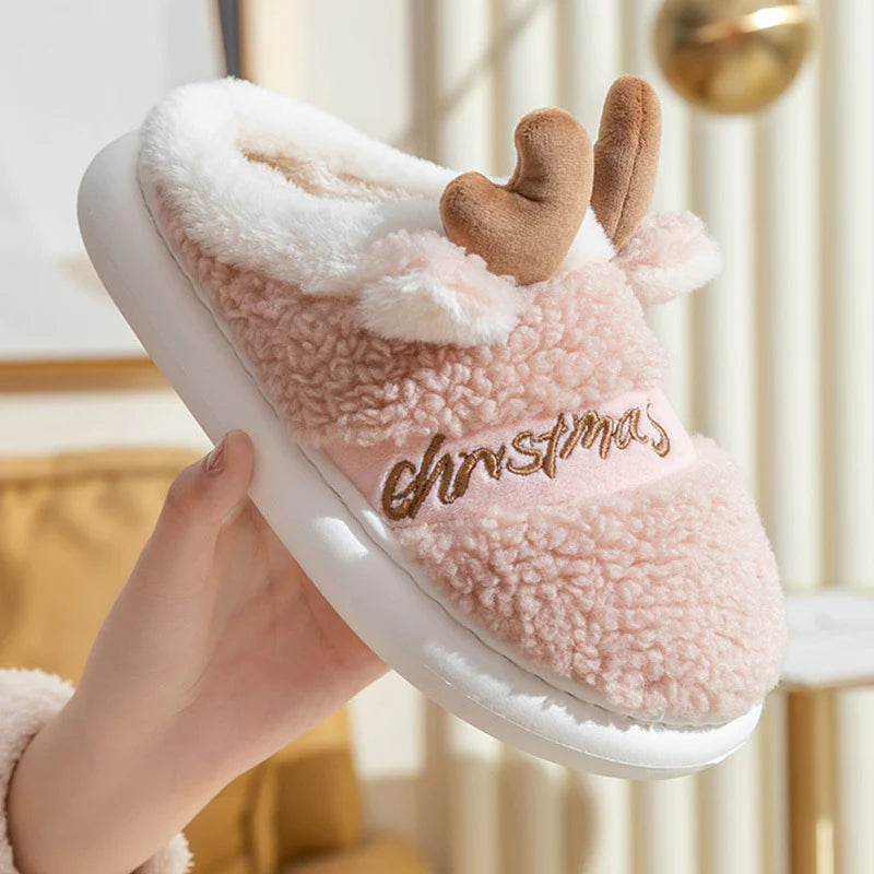 Reindeer Antler Christmas Slippers - Soft Cozy Bedroom Slipper - Slip on House Shoes