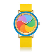 Yellow PrismLoop rotating rainbow dial watch