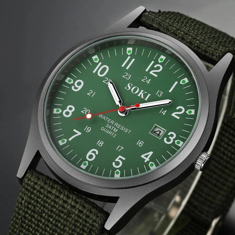 Rugged Field Watch – MilitaryInspired Quartz Watch with Date Display - 24 Hours Dial - Nylon Strap Wrist Watch