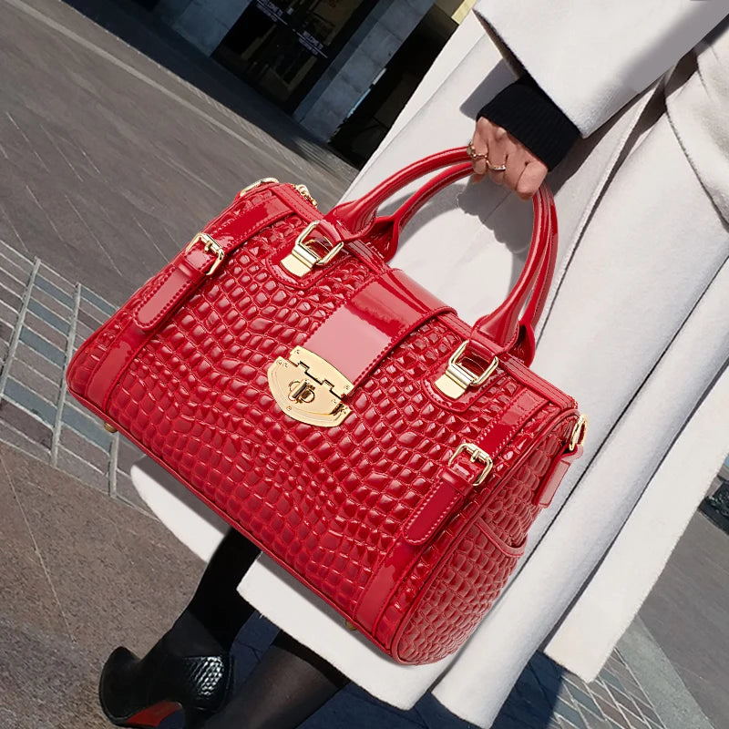 Women’s Glossy Crocodile Embossed Handbag – Structured Top Handle Satchel Purse, Gold Tone Hardware Fashion Shoulder Bag