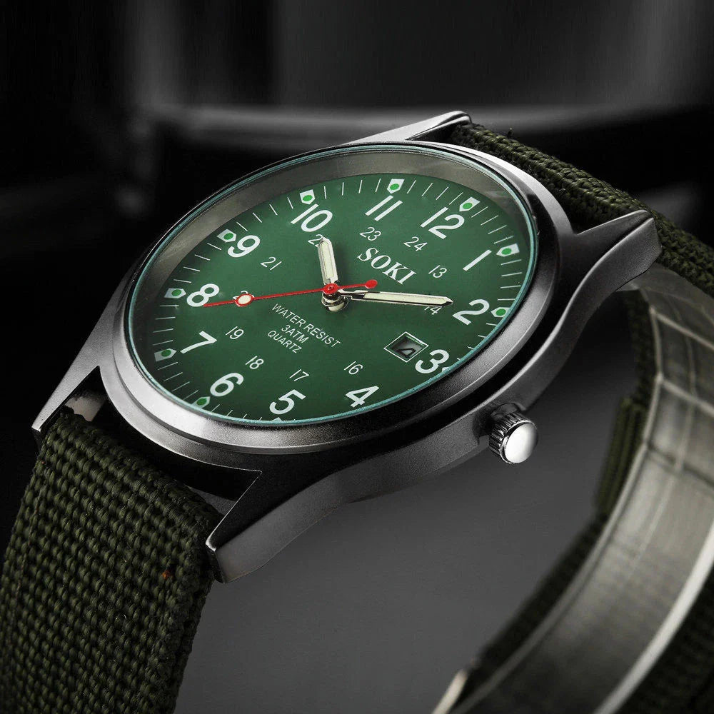 Rugged Field Watch – MilitaryInspired Quartz Watch with Date Display - 24 Hours Dial - Nylon Strap Wrist Watch