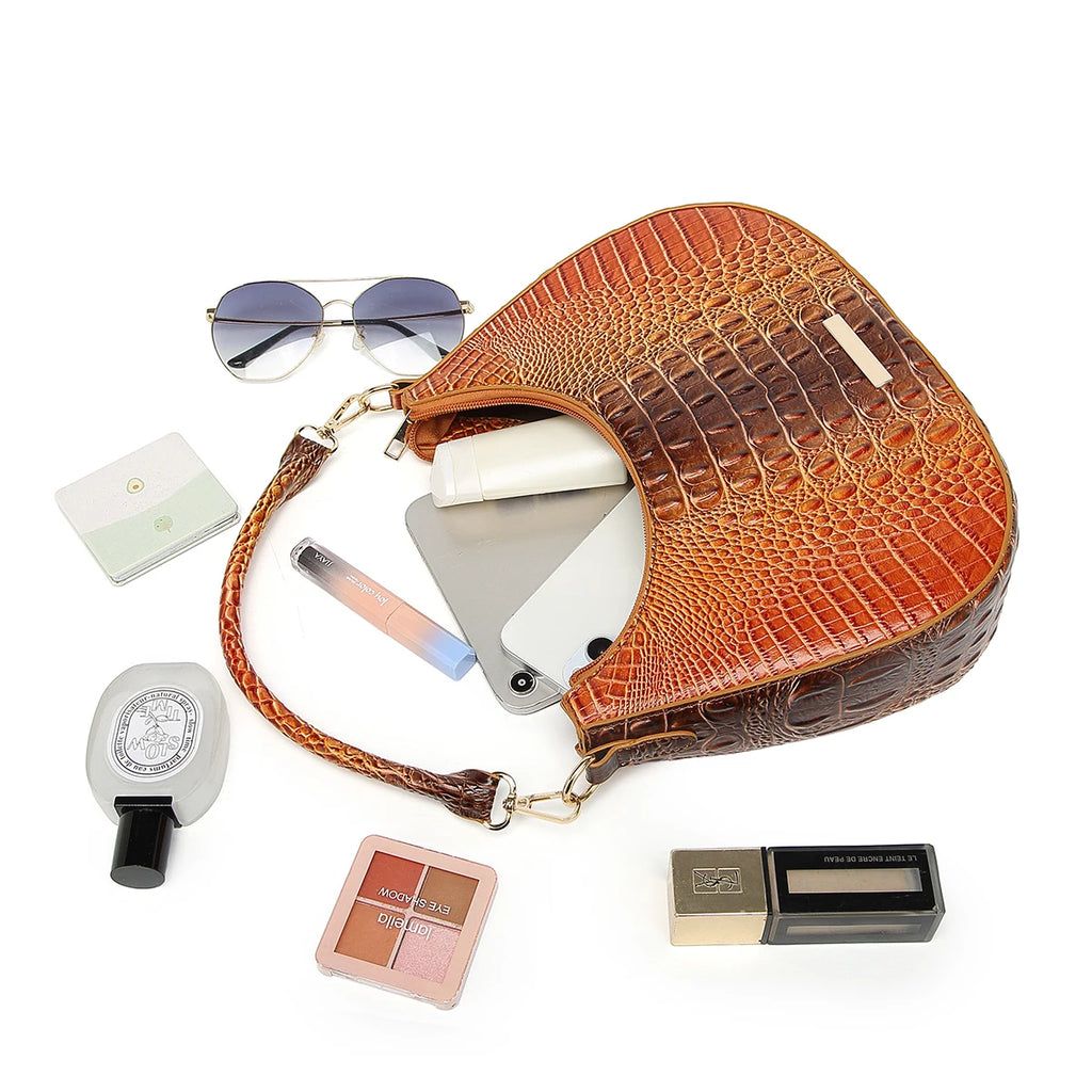 Women’s Ombre Croc Embossed Hobo Bag – Colorful Crescent Shoulder Purse, Glossy Underarm Handbag with Detachable Strap