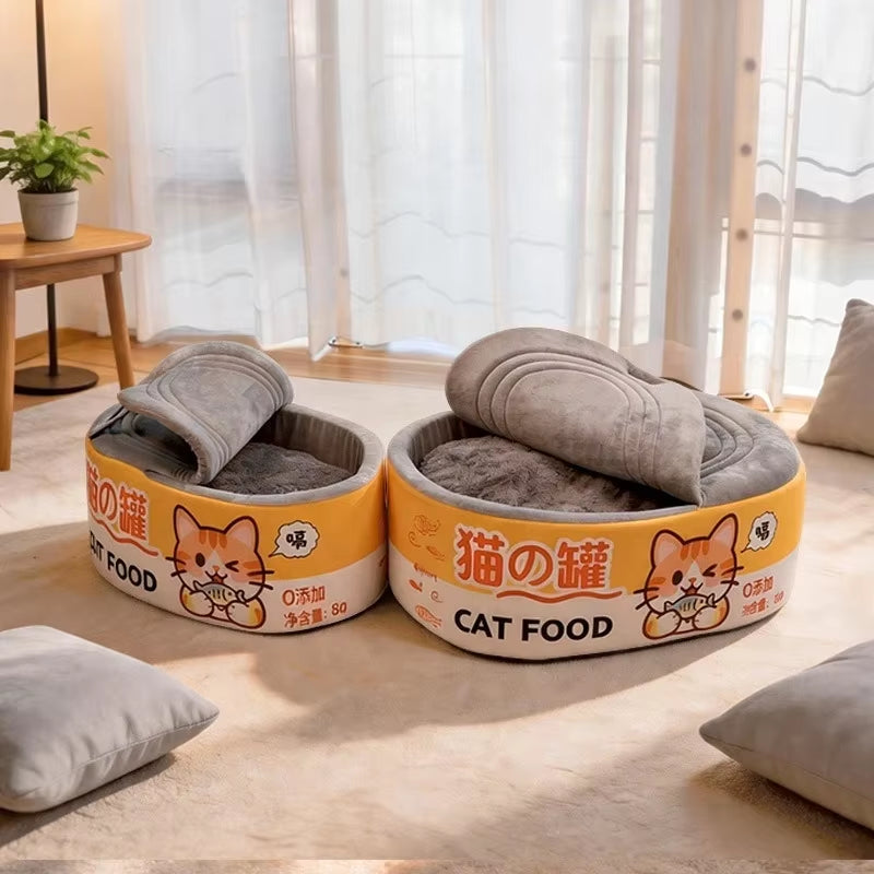 Canned-food cat beds shown in two sizes