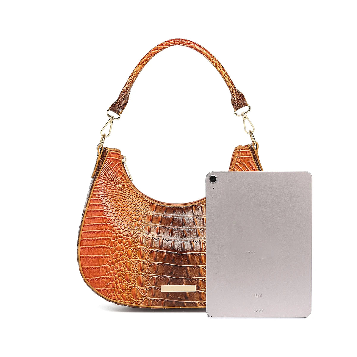 Women’s Ombre Croc Embossed Hobo Bag – Colorful Crescent Shoulder Purse, Glossy Underarm Handbag with Detachable Strap