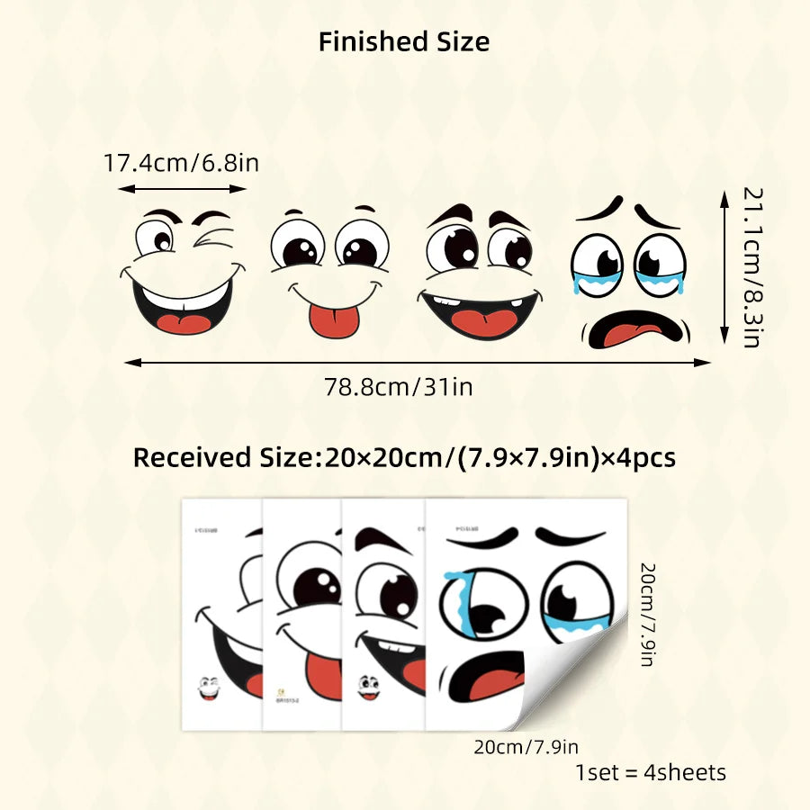 Four MoodMates face sticker sheets with approximately 7.9-inch sheet dimensions