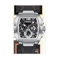 Apex 44 tonneau watch with silver-tone case, black dial and black strap