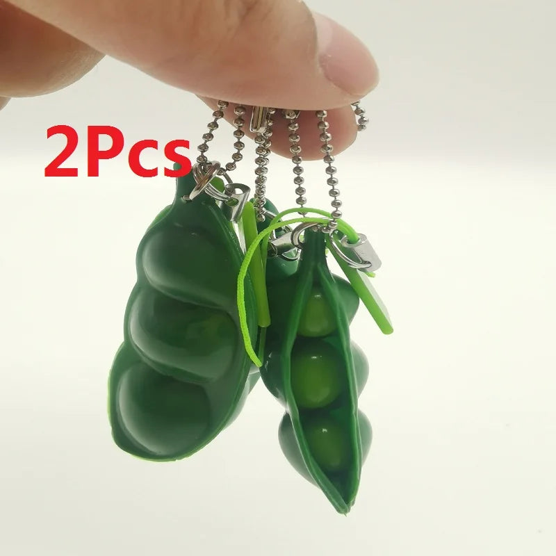 2Pcs Peapod  Bag Charm Fidget Toy Squeeze a Bean Edamame Pea Keychain Keyring