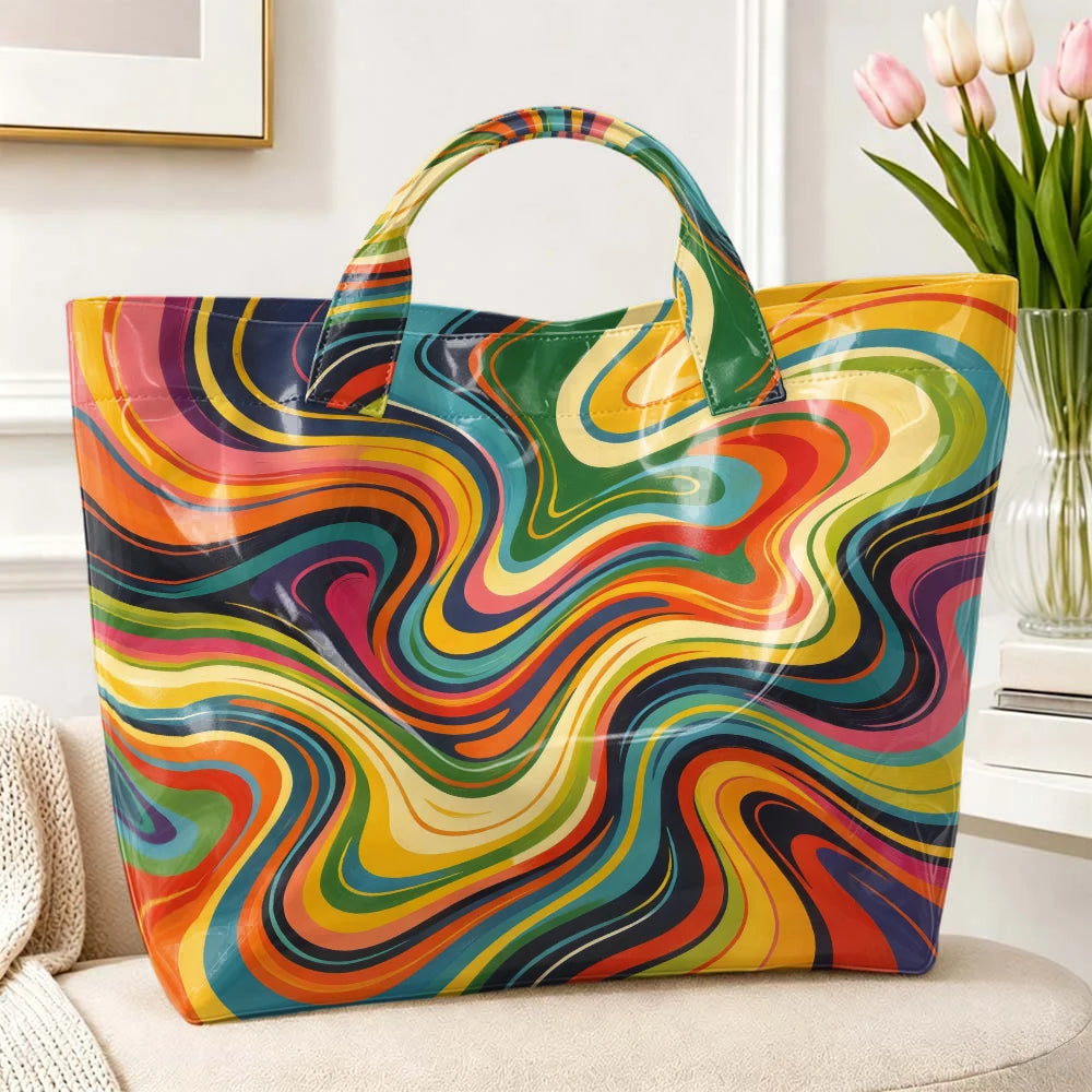 Retro Rainbow Swirl Tote Bag for Women – Psychedelic Marble Print Glossy Large Capacity Handbag with Clear Outer Layer