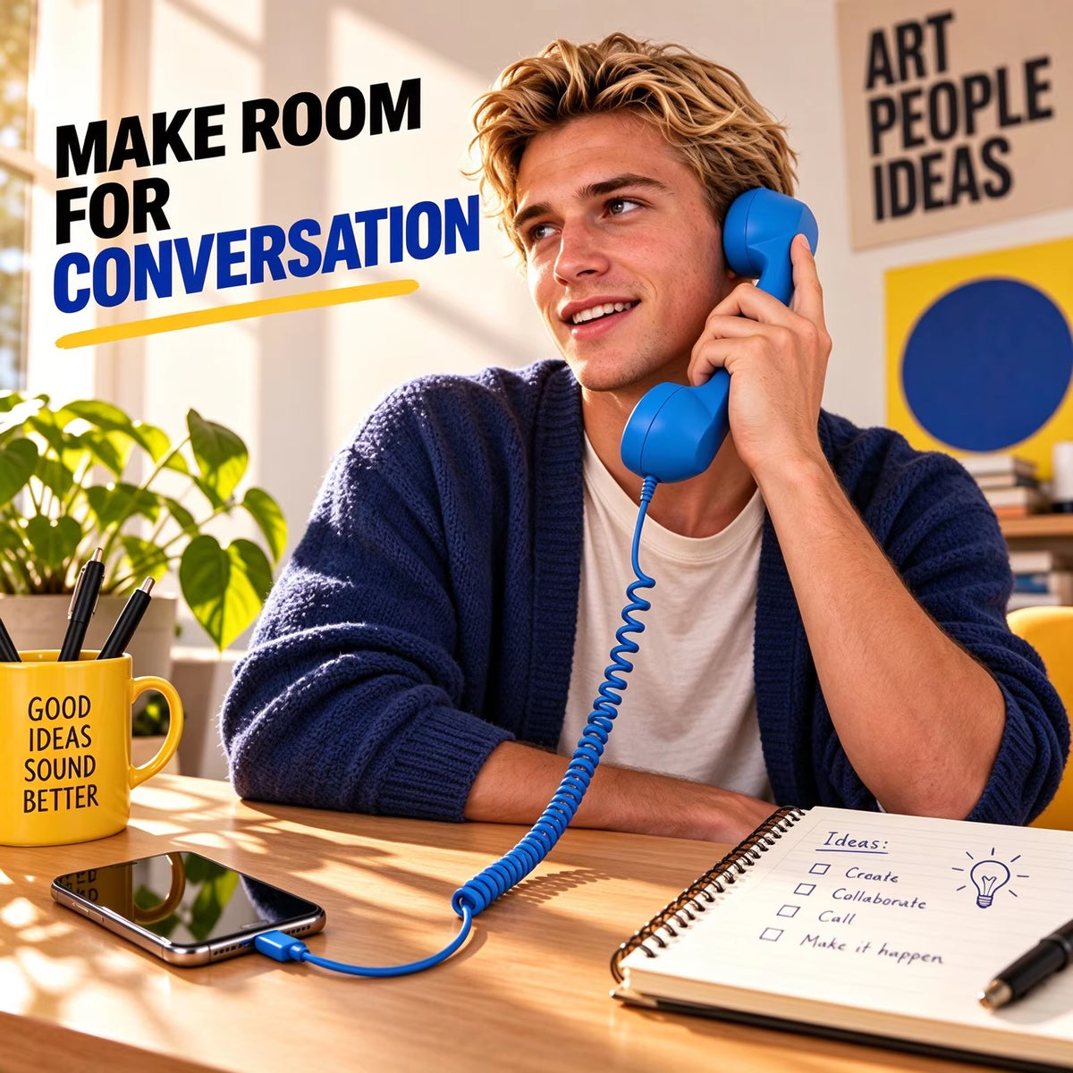 Blue retro telephone handset on an office desk