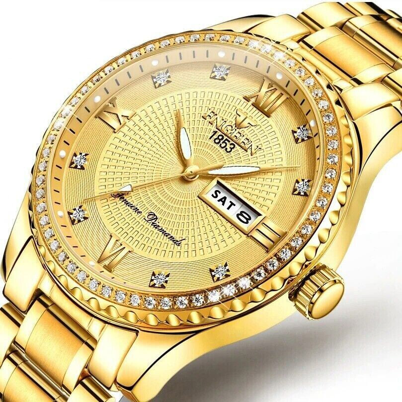 Men’s Luxury Gold Stainless Steel Quartz Watch – Luminous Day Date Dress Watch, Diamond Bezel Look, 41mm Business Casual Wristwatch
