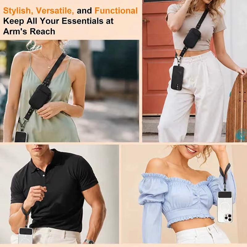 Crossbody phone strap and mini pouch shown in everyday outfits