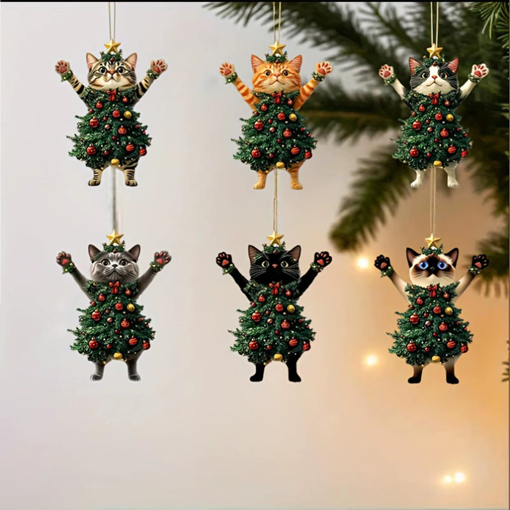 Meowy Christmas cat ornaments hanging on branches