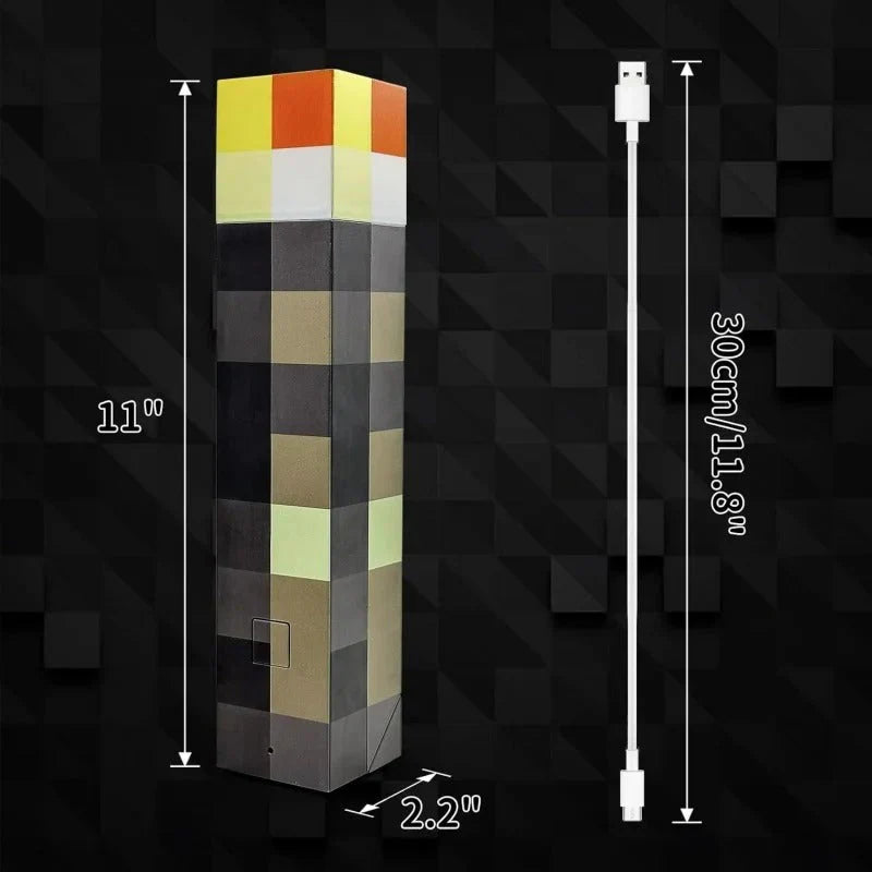 Pixel torch lamp dimensions and USB charging illustration