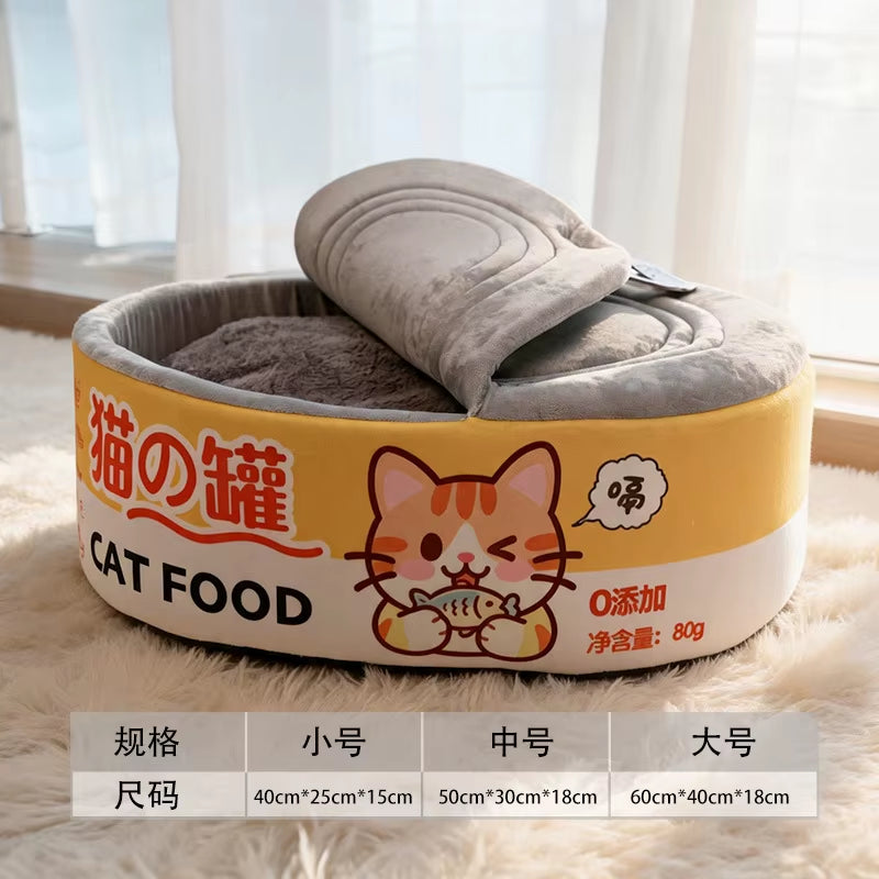 Yellow canned-food cat bed with Small, Medium and Large dimensions