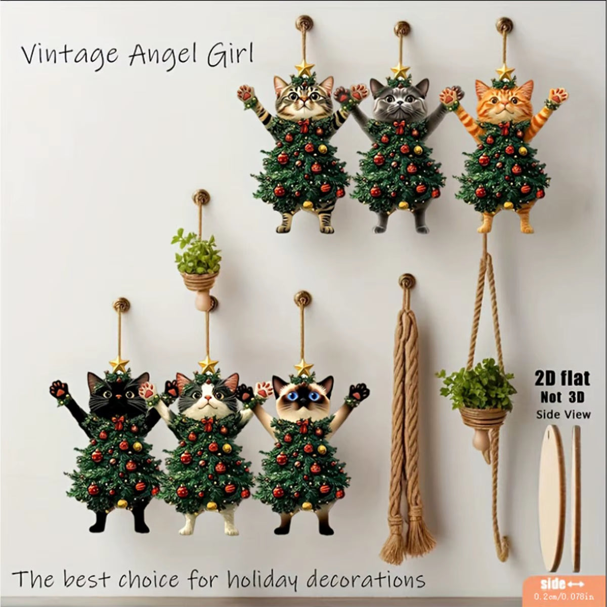 Flat wooden cat ornaments displayed on hooks