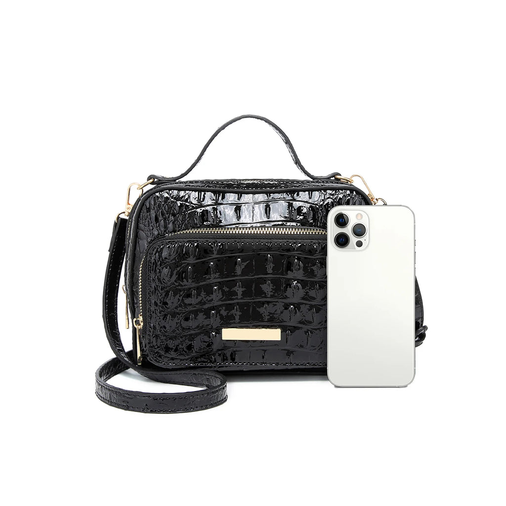 Women’s Crocodile Embossed Satchel Handbag – Structured Top Handle Purse, Glossy Shoulder Bag with Gold Tone Hardware Brahminn Dupe