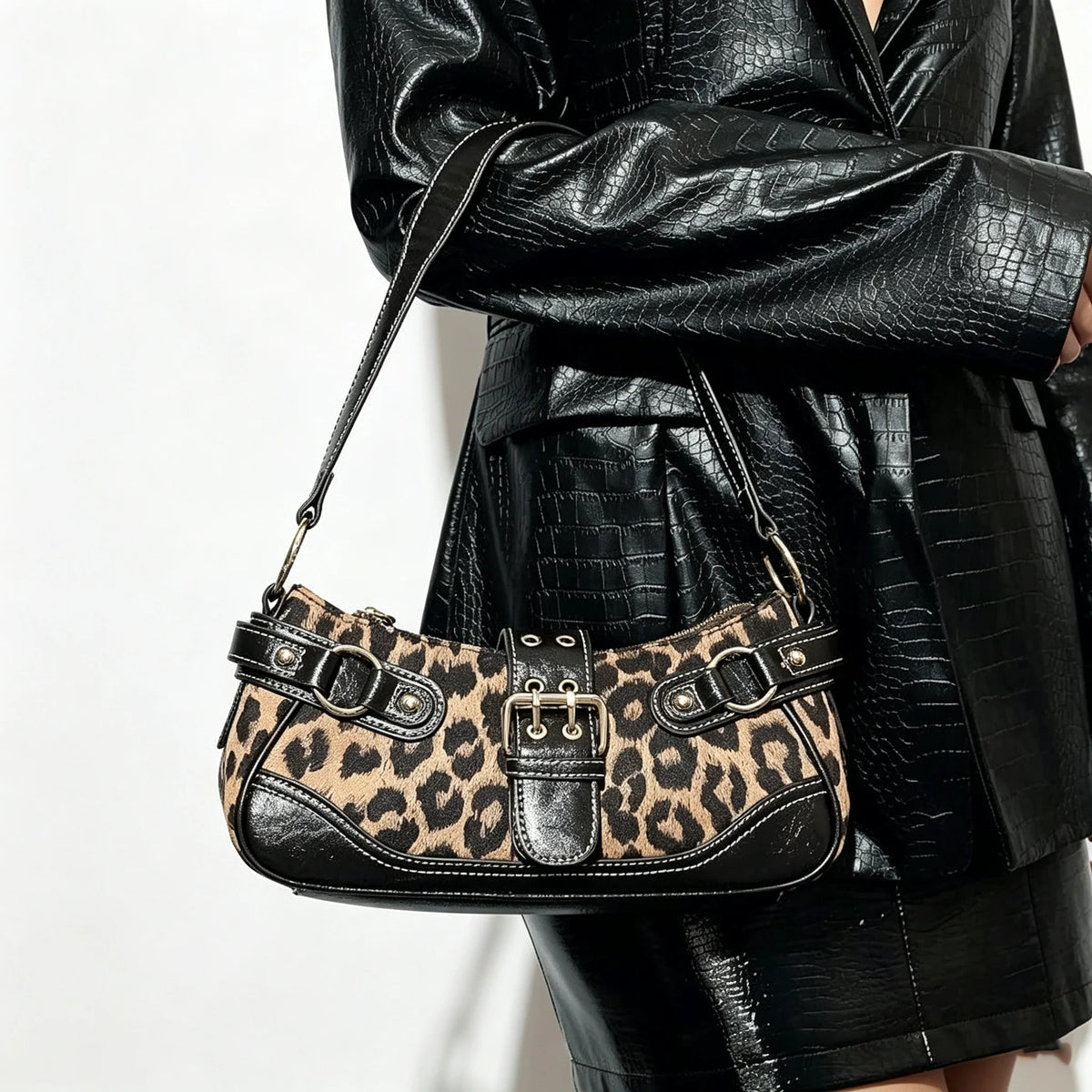 Y2K Leopard Print Underarm Shoulder Bag for Women Retro Buckle Splicing PU Leather Baguette Handbag Trendy Ladies Street Hobo Purse Daily Party