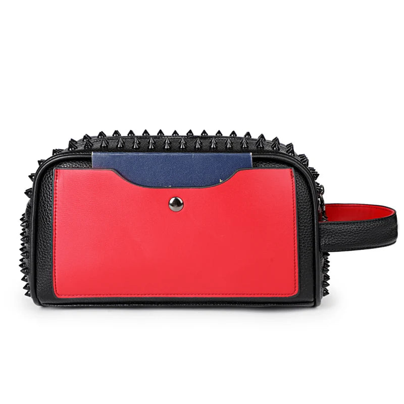 Women’s Punk Rock Studded Clutch Bag – Punk Rivet PU Leather Wristlet Purse, Black Gothic Zipper Handbag & Small Evening Bag