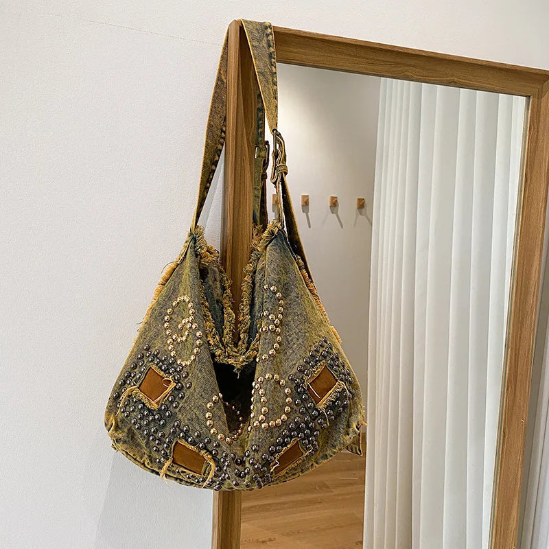 Vintage Distressed Denim Hobo Bag for Women – Large Capacity Studded Shoulder Bag, Y2K Boho Crossbody Tote