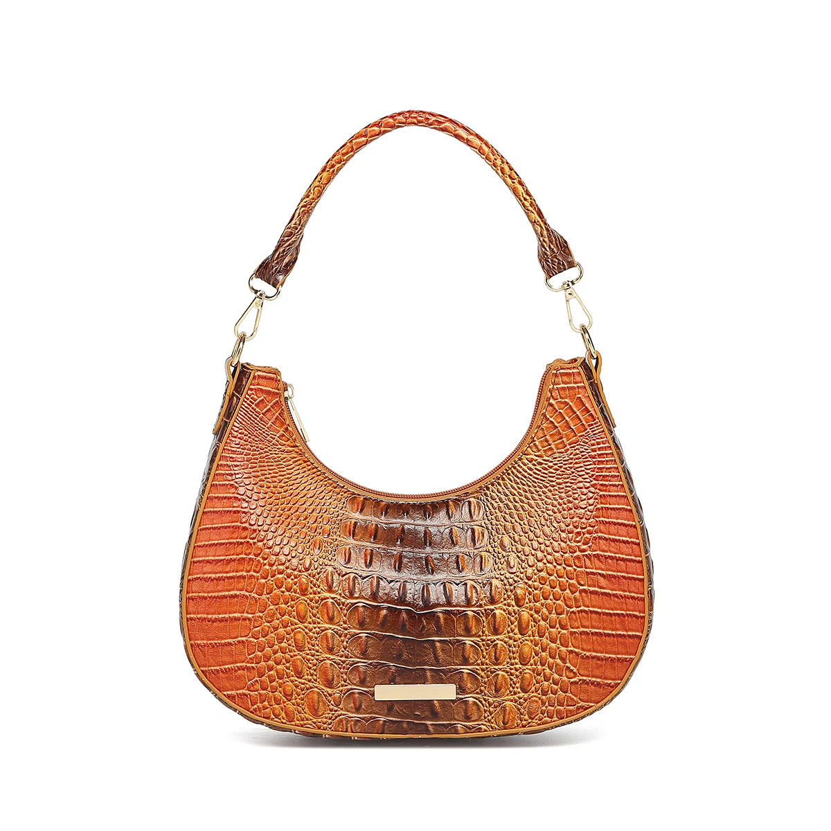 Women’s Ombre Croc Embossed Hobo Bag – Colorful Crescent Shoulder Purse, Glossy Underarm Handbag with Detachable Strap