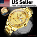 Men’s Luxury Gold Stainless Steel Quartz Watch – Luminous Day Date Dress Watch, Diamond Bezel Look, 41mm Business Casual Wristwatch