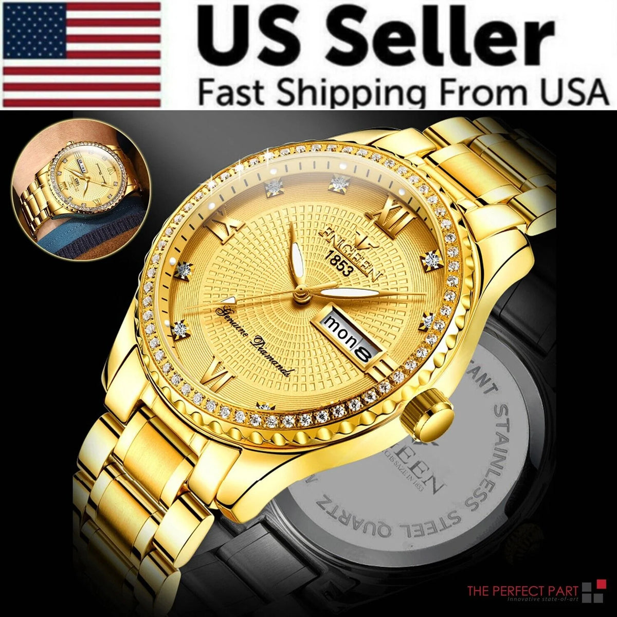 Men’s Luxury Gold Stainless Steel Quartz Watch – Luminous Day Date Dress Watch, Diamond Bezel Look, 41mm Business Casual Wristwatch
