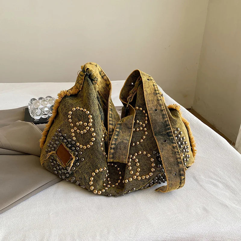 Vintage Distressed Denim Hobo Bag for Women – Large Capacity Studded Shoulder Bag, Y2K Boho Crossbody Tote