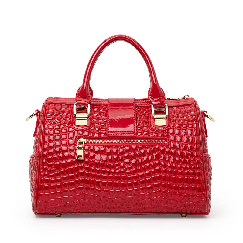 Women’s Glossy Crocodile Embossed Handbag – Structured Top Handle Satchel Purse, Gold Tone Hardware Fashion Shoulder Bag