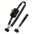 Black crossbody phone strap, detachable zip pouch, wrist strap and phone patch