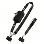 Black crossbody phone strap, detachable zip pouch, wrist strap and phone patch
