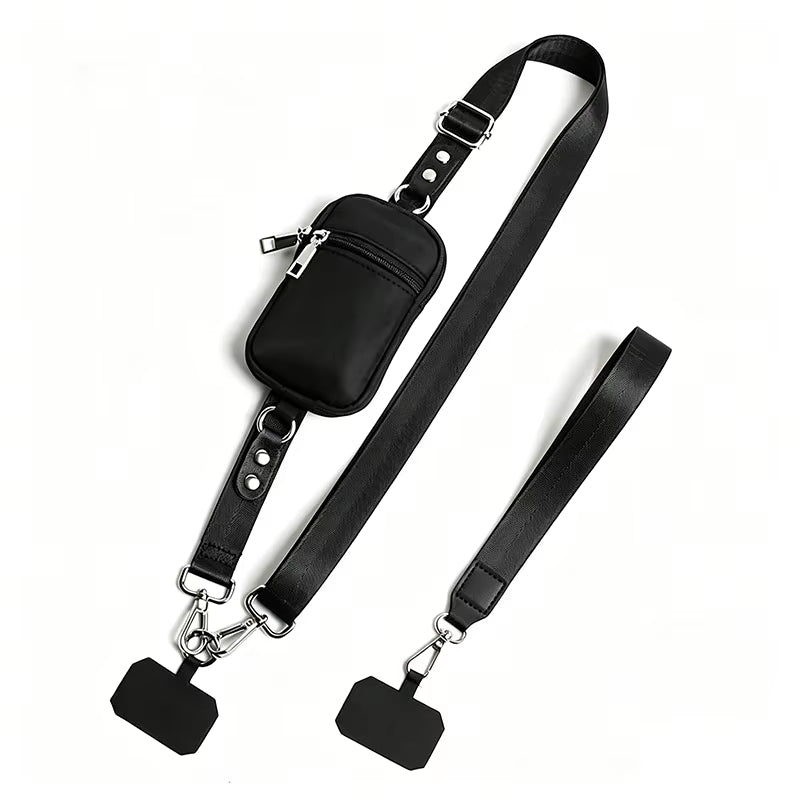 Black crossbody phone strap, detachable zip pouch, wrist strap and phone patch