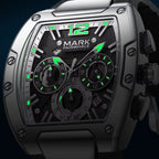 Tonneau watch dial with green luminous hands and hour markers