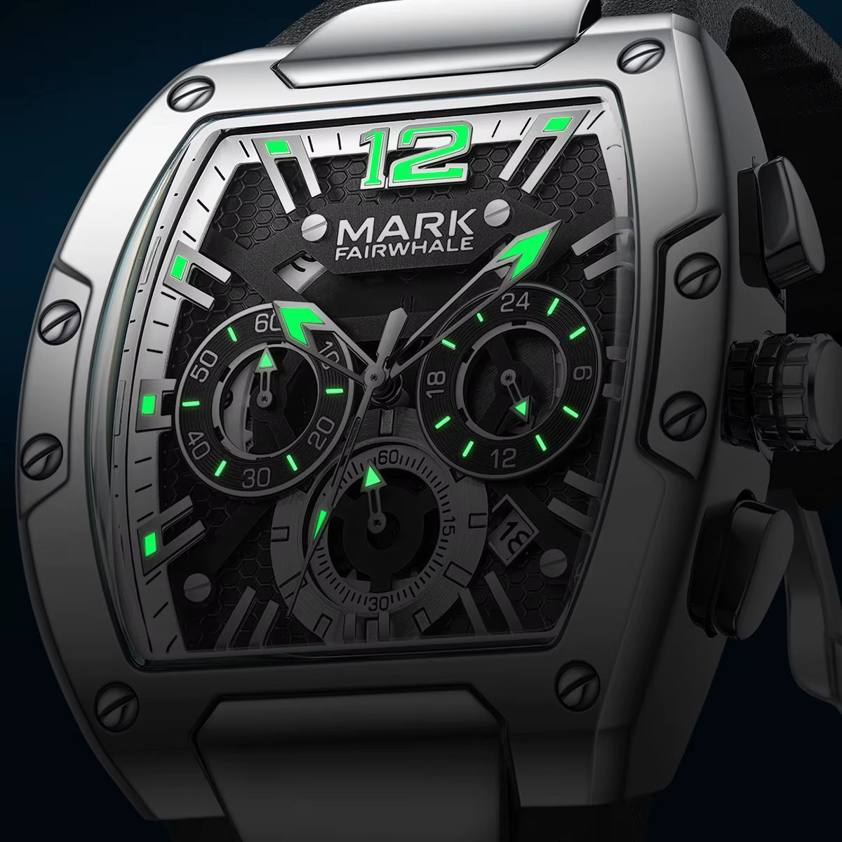 Tonneau watch dial with green luminous hands and hour markers
