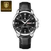 POEDAGAR 855 silver case black dial leather watch