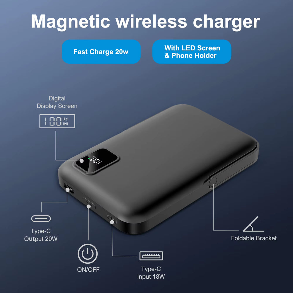 Black magnetic power bank with digital display and fold-out phone stand
