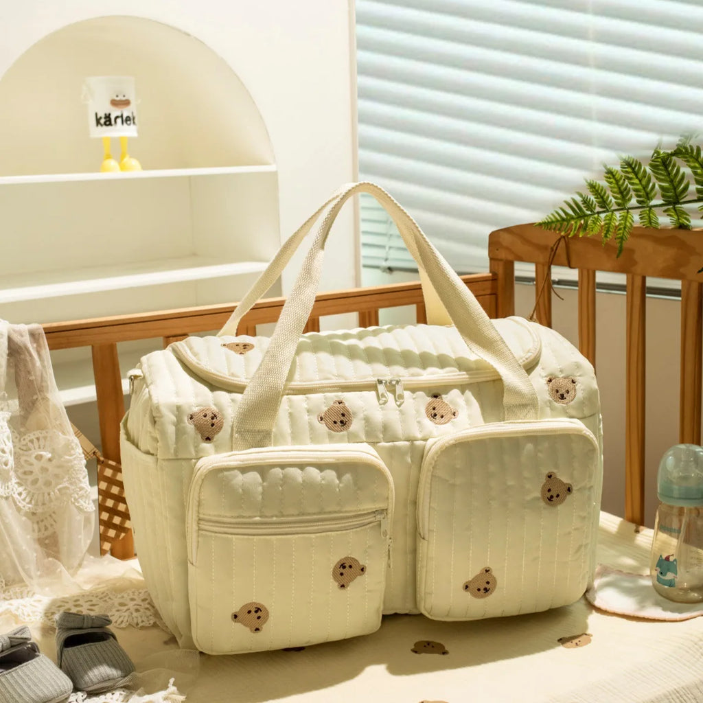 Cute Bear Embroidered Diaper Bag – Large Capacity Quilted Baby Travel Tote, Mommy Hospital Bag with Multiple Zipper Pockets