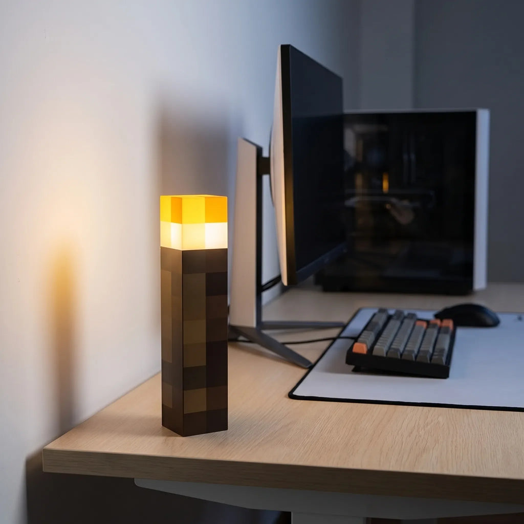 Rechargeable pixel torch lamp beside a desktop monitor