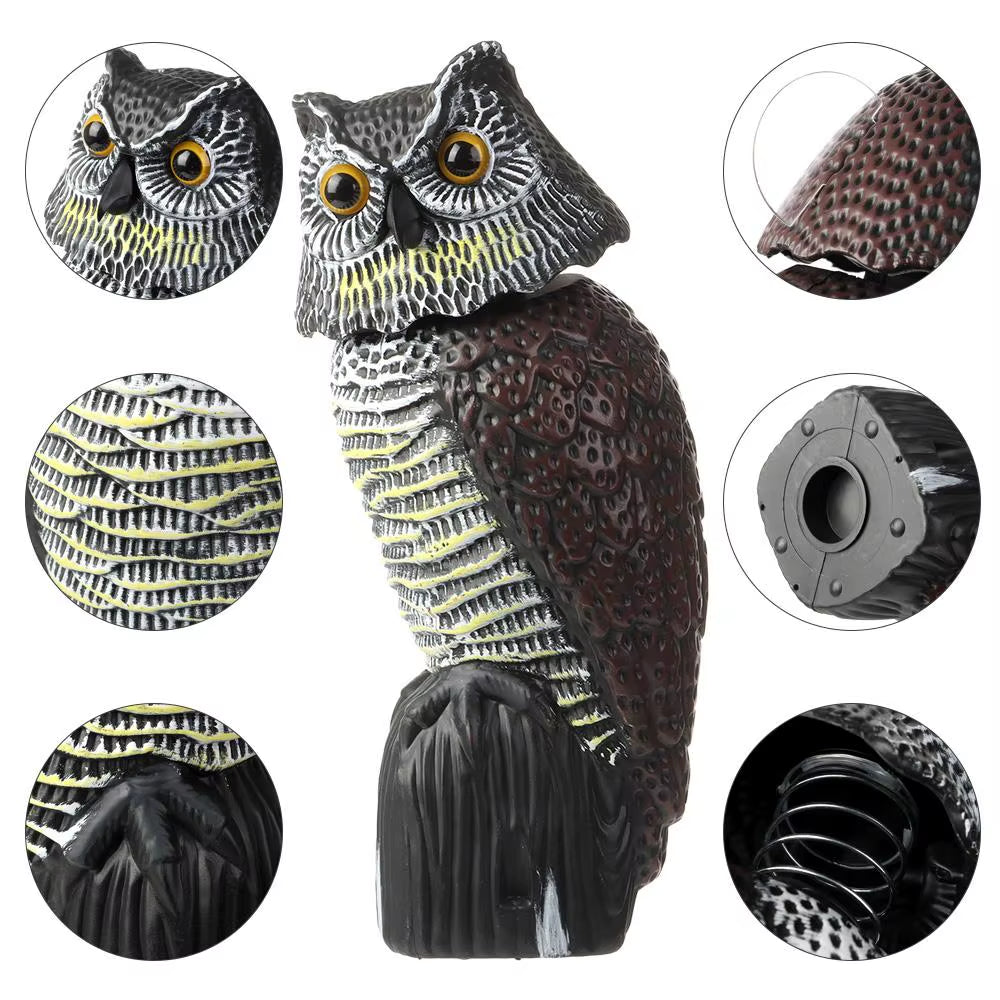 Realistic Fake Owl Decoy with Rotating Head for Garden Yard Outdoor Bird Deterrent Owl Sculpture Birds Repellent Pest Control