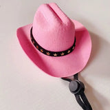 Pink star-trimmed pet cowboy hat showing the chin strap