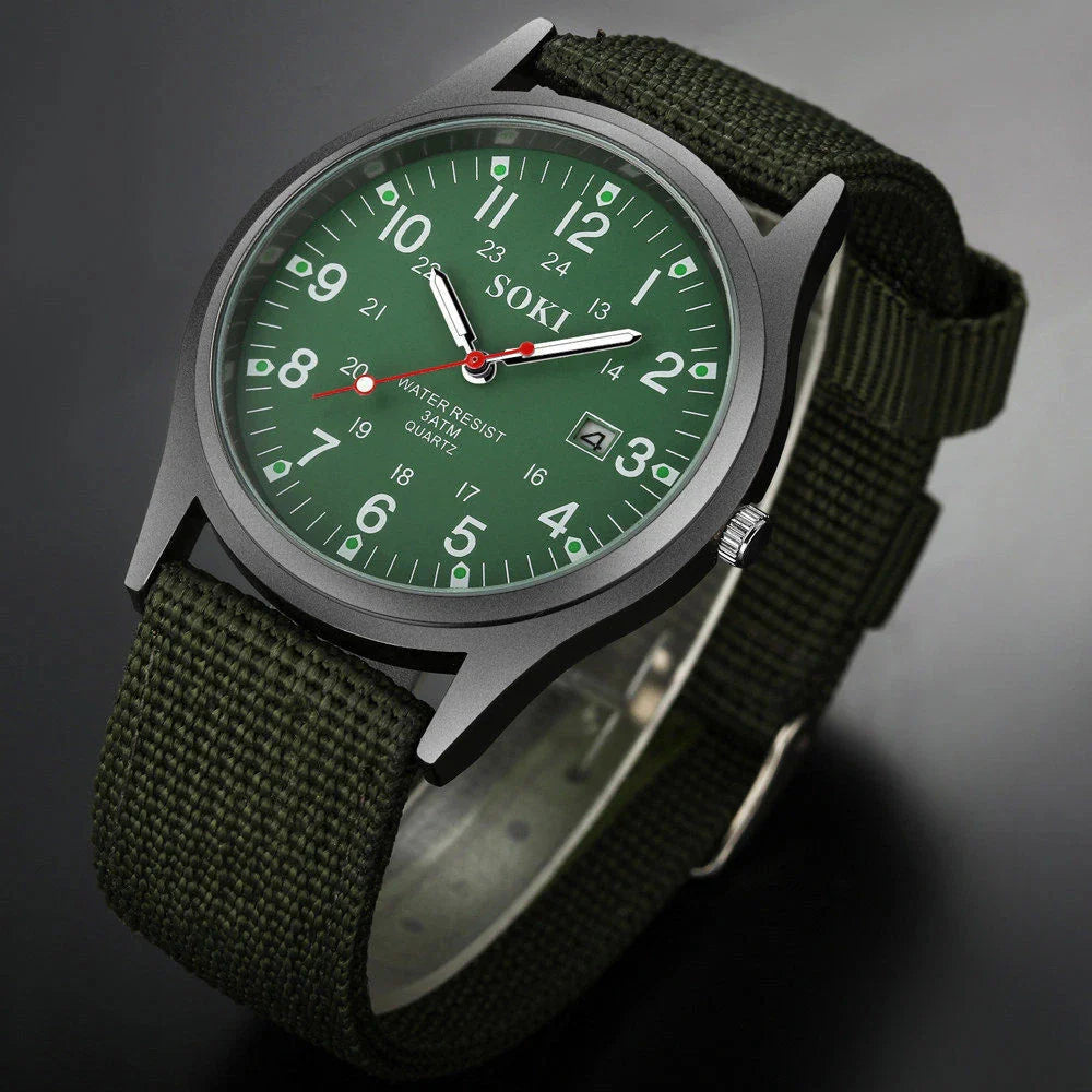 Rugged Field Watch – MilitaryInspired Quartz Watch with Date Display - 24 Hours Dial - Nylon Strap Wrist Watch