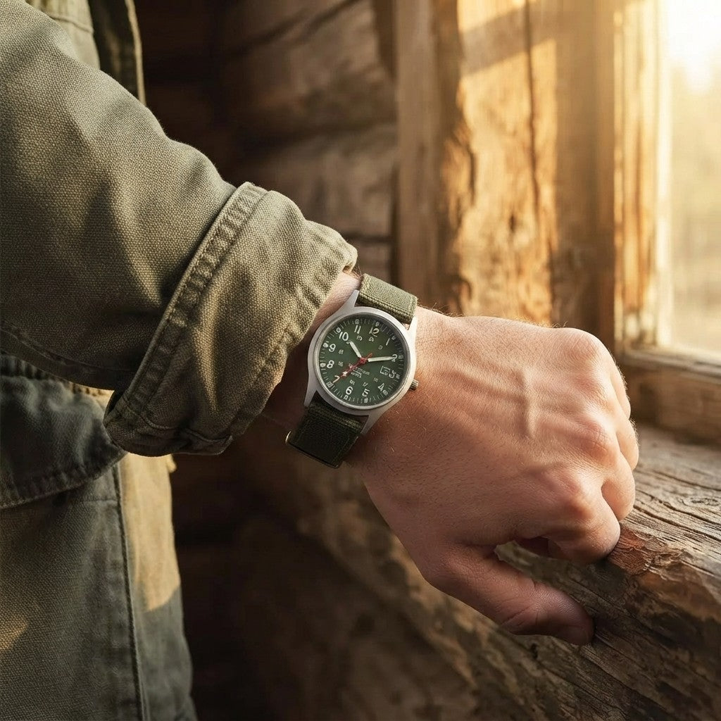 Rugged Field Watch – Military Inspired Quartz Watch with Date Display - 24 Hours Dial - Nylon Strap Wrist Watch