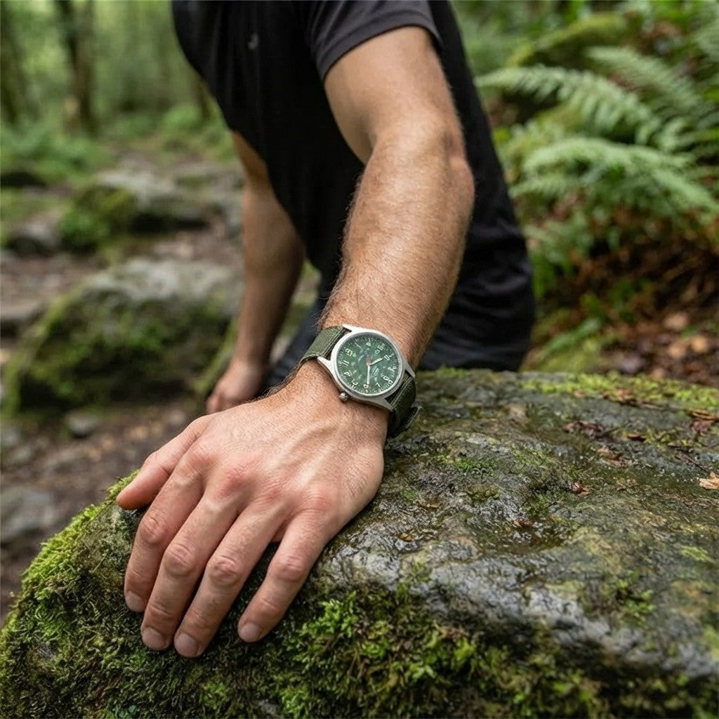 Rugged Field Watch – Military Inspired Quartz Watch with Date Display - 24 Hours Dial - Nylon Strap Wrist Watch